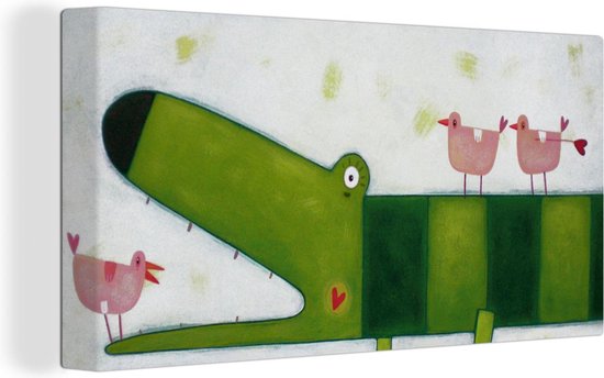 Canvas Schilderij Krokodil - Vogel - Roze - 40x20 cm - Wanddecoratie