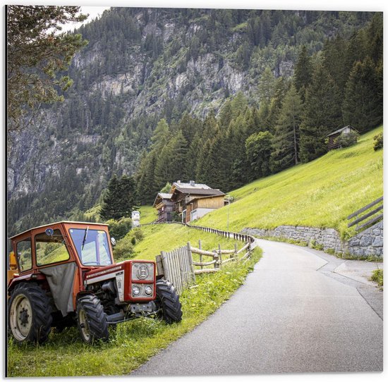 Dibond - Groen Landschap met Rode Trekker - 50x50cm Foto op Aluminium (Met Ophangsysteem)