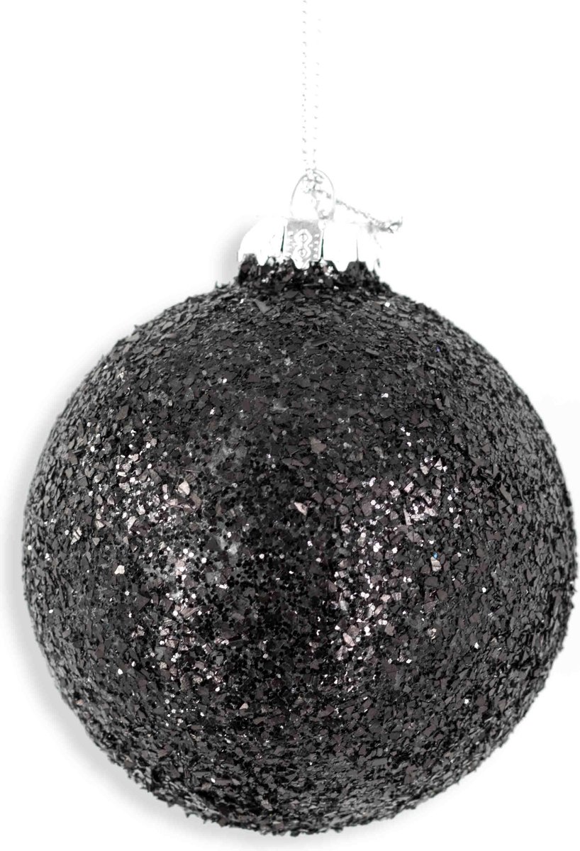 Kerstbal zwart met glitters - Glazen bal - diameter 8 cm