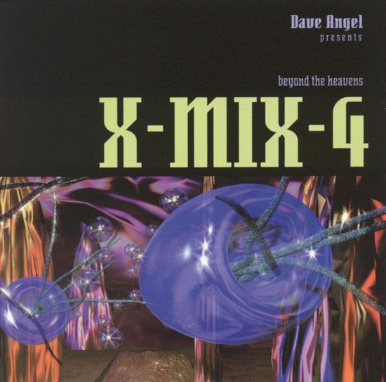 X-MIX-4 Beyond the Heavens Dave Angel presenteert, abstracte paarse en blauwe vormen met sprankelende draden.