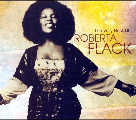 Roberta Flack met een grote afro-pruik en een patroonvest, met de tekst 'The Very Best Of Roberta Flack'.