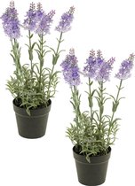Set van 2x stuks lila paarse lavendel kunstplanten in kunststof pot 28 cm - Lavandula - Woondecoratie/accessoires - Kunstplanten - Nepplanten - Lavendel planten in pot