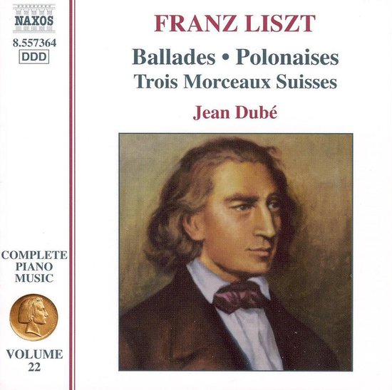 Albumhoes met een schilderij van Franz Liszt in een bruine jas en strik. Titel: Franz Liszt, Ballades, Polonaises, Trois Morceaux Suisses, Jean Dubé.