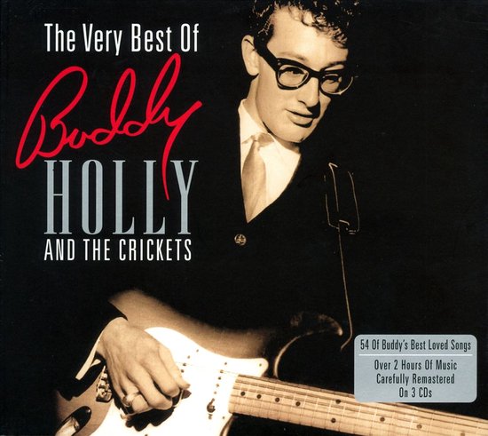Buddy Holly met bril en gitaar, albumhoes "The Very Best Of Buddy Holly And The Crickets". 54 songs.
