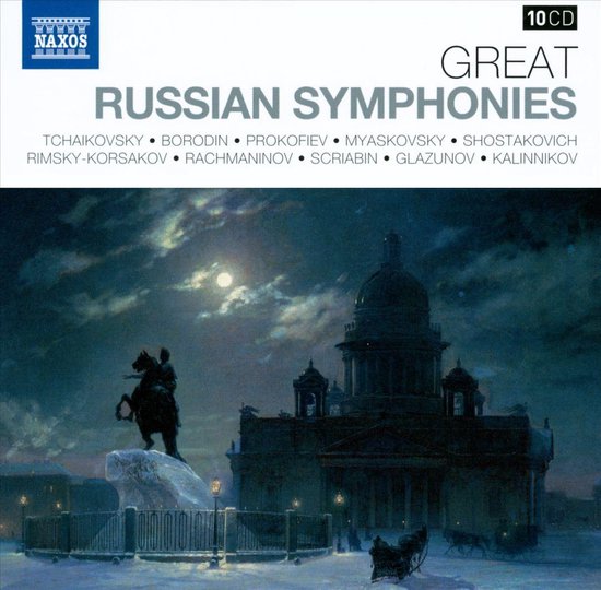 Verpakking van 10 cd's met de titel 'Great Russian Symphonies' en de namen van de componisten, met een schilderij van een winterse nachtelijke scène met een ruiterstandbeeld voor een kathedraal.
