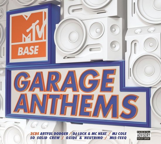 MTV Base Garage Anthems 3CD's met artiesten zoals Artful Dodger, DJ Luck & MC Neat. Grijze achtergrond met luidsprekers.