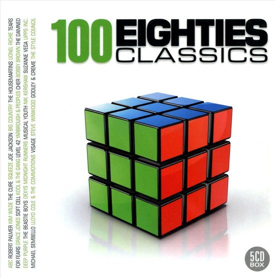 Rubiks kubus met rode, groene en blauwe vlakken, met de tekst '100 Eighties Classics' erboven.