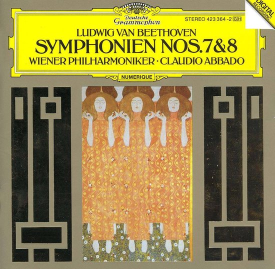 Albumhoes met "Symphonien Nos. 7 & 8" van Beethoven door Wiener Philharmoniker o.l.v. Claudio Abbado, met een afbeelding van drie figuren in gouden kledij.
