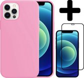 Hoes voor iPhone 12 Pro Hoesje Siliconen Case Met Screenprotector Full Cover 3D Tempered Glass - Hoes voor iPhone 12 Pro Hoes Cover Met 3D Screenprotector - Roze