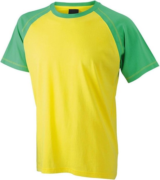 Tweekleurig T-shirt met korte raglanmouwen in geel en groen.