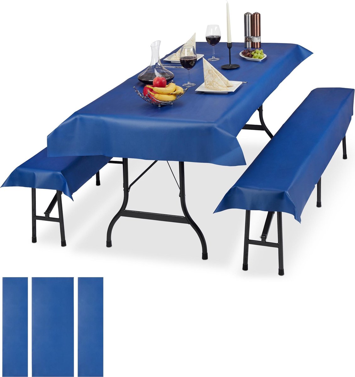 Relaxdays 6 x tafelkleed biertafel en banken - hoezen set biertent - 250 x 100 cm – blauw