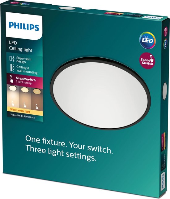 Philips Superslim plafonnière - zwart - klein - warmwit licht - 15 W - Philips
