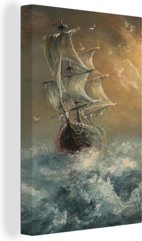Canvas Schilderij Illustratie van een zeilschip met twee vogels - 80x120 cm - Wanddecoratie