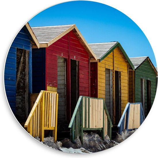 Forex Wandcirkel - Gekleurde Huisjes op Strand - 50x50cm Foto op Wandcirkel (met ophangsysteem)