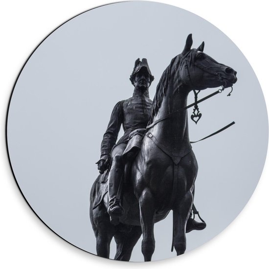 Dibond Wandcirkel - Standbeeld Paard met Ruiter - 30x30cm Foto op Aluminium Wandcirkel (met ophangsysteem)