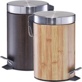 2x Houtprint vuilnisbakken/pedaalemmers/prullenbakken 3 liter bruin van 17 x 26 cm - Zeller - Badkamer/toilet accessoires