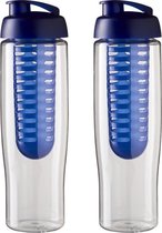 Set van 2x stuks transparante gestroomlijnde blauwe sport bidon/drinkfles/waterfles met fruit infuser 700 ml - Kunststof