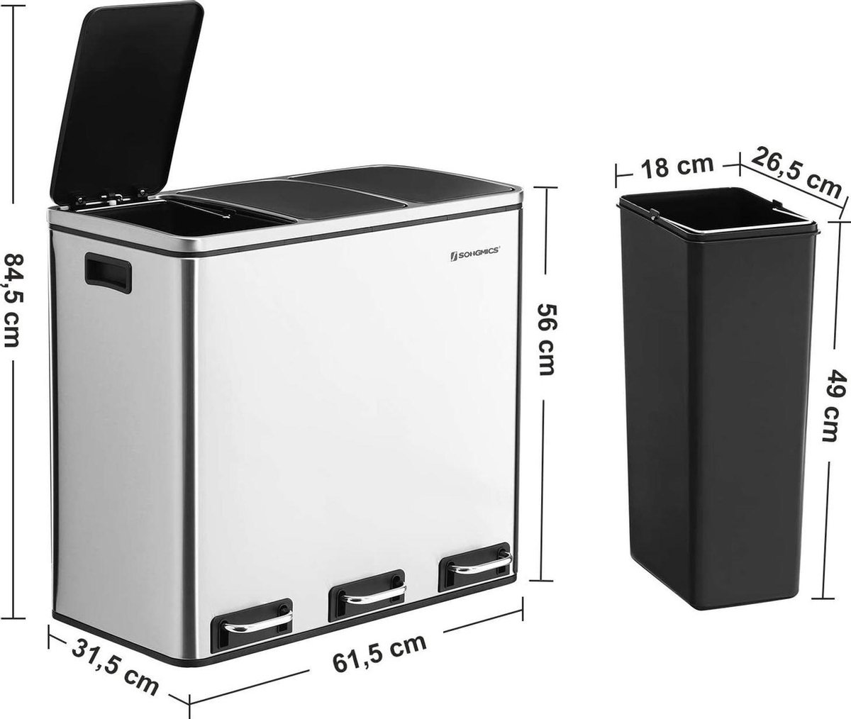 Vuilnisemmer, afvalemmer, afvalscheidingssysteem, 75 l - 3 x 25 l