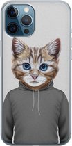 iPhone 12 Pro hoesje siliconen - Kat schattig - Soft Case Telefoonhoesje - Kat - Transparant, Grijs