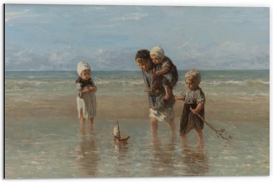 Dibond - Oude Meesters - Kinderen der zee, Jozef Israëls, 1872 - 60x40cm Foto op Aluminium (Wanddecoratie van metaal)