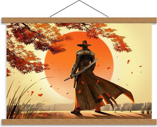 Schoolplaat – Getekende Samurai bij Zonsondergang - 60x40cm Foto op Textielposter (Wanddecoratie op Schoolplaat)