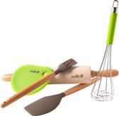 Happy Pastry Chef Bakgerei: Houten Deegroller, Garde, Pannenlikker spatel / pottenlikker, Bakborstel / grillborstel, Deegschraper / deegkrabber / deegsnijder (5 stuks Bakgereedschap)