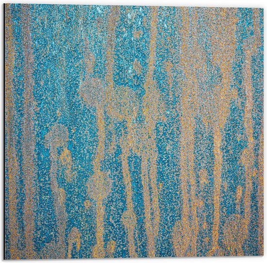 Dibond - Blauwe Muur met Geel - 50x50cm Foto op Aluminium (Wanddecoratie van metaal)