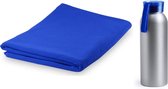 Yoga/fitness set blauwe handdoek extra absorberend en bidon/drinkfles