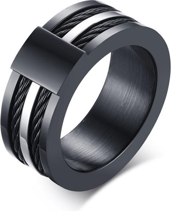 Zwarte Titanium ring met stalen kabels-21mm