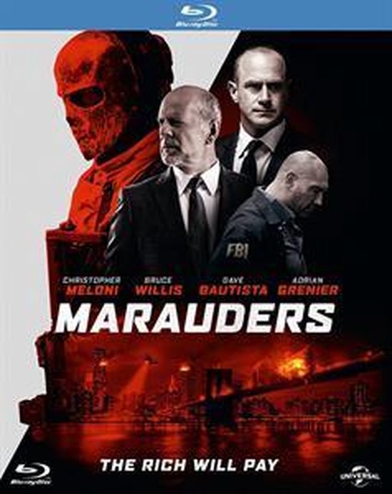 Poster van de film Marauders met Bruce Willis en Dave Bautista. Stadsgezicht met Brooklyn Bridge op de achtergrond.
