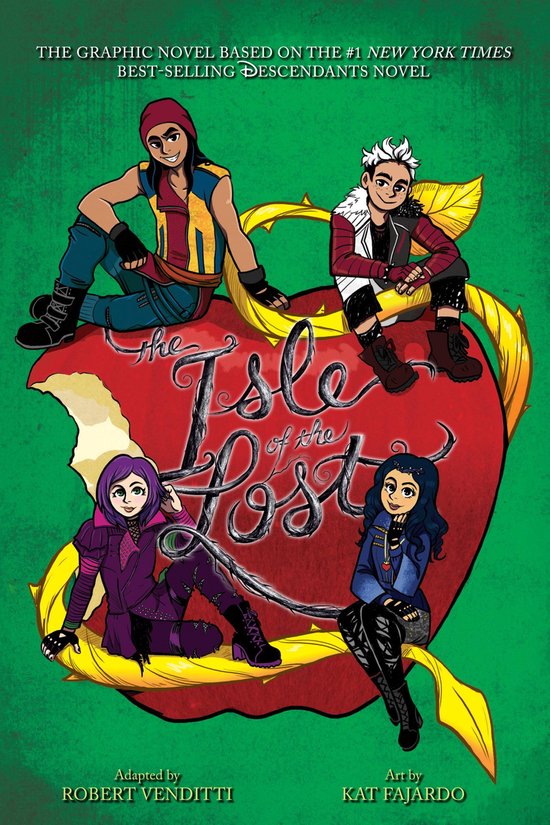 Afbeelding van de graphic novel 'The Isle of the Lost' met vier personages rond een appel.