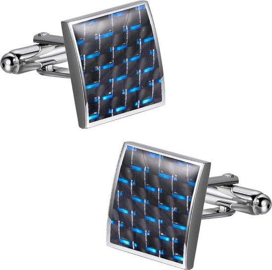 Fako Bijoux® - Manchetknopen - Carbon - Vierkant - Zwart/Blauw - 16x16mm - Zilverkleurig