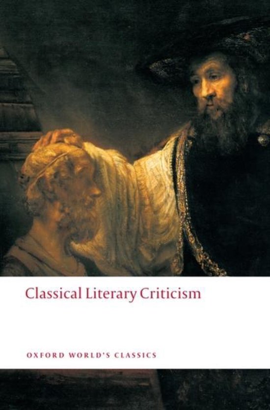 Couverture du livre 'Classical Literary Criticism' en lettres rouges. L'image représente une peinture classique de deux hommes.