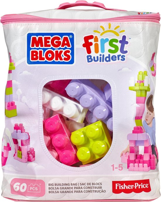 Mega Bloks First Builders 60 Maxi Blokken Met Tas Roze - Constructiespeelgoed