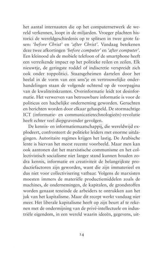 Pagina met tekst over het internet, politieke retoriek, staatsgeheimen, ICT, en de impact van de politieke leiders. Pagina nummer 14.