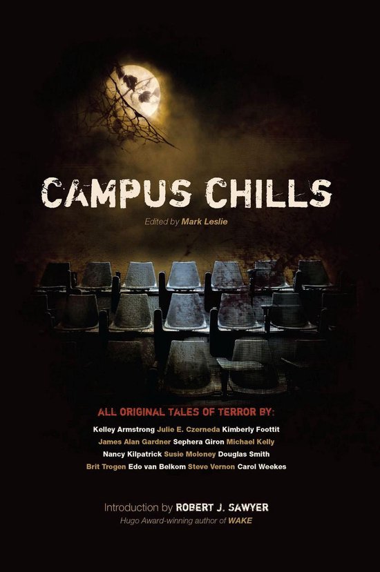 Boekcover van CAMPUS CHILLS, met een maan en stoelen op een donkere achtergrond. De titel is in grote letters.