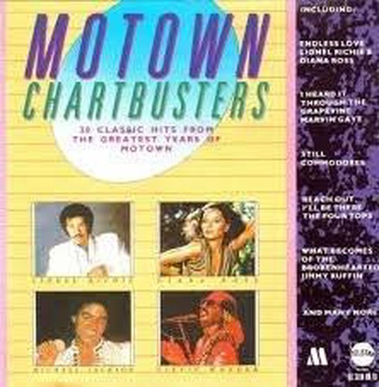 Motown Chartbusters albumhoes met Lionel Richie, Diana Ross, Michael Jackson en Stevie Wonder.