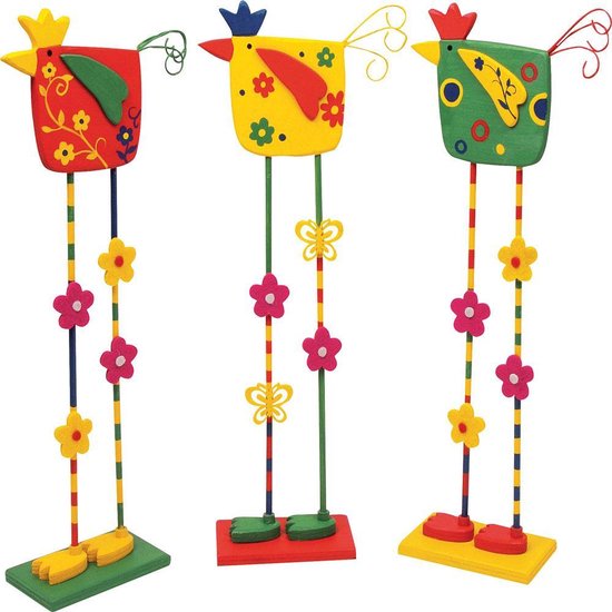 Set van 3 decoratieve houten vogels op hoge poten