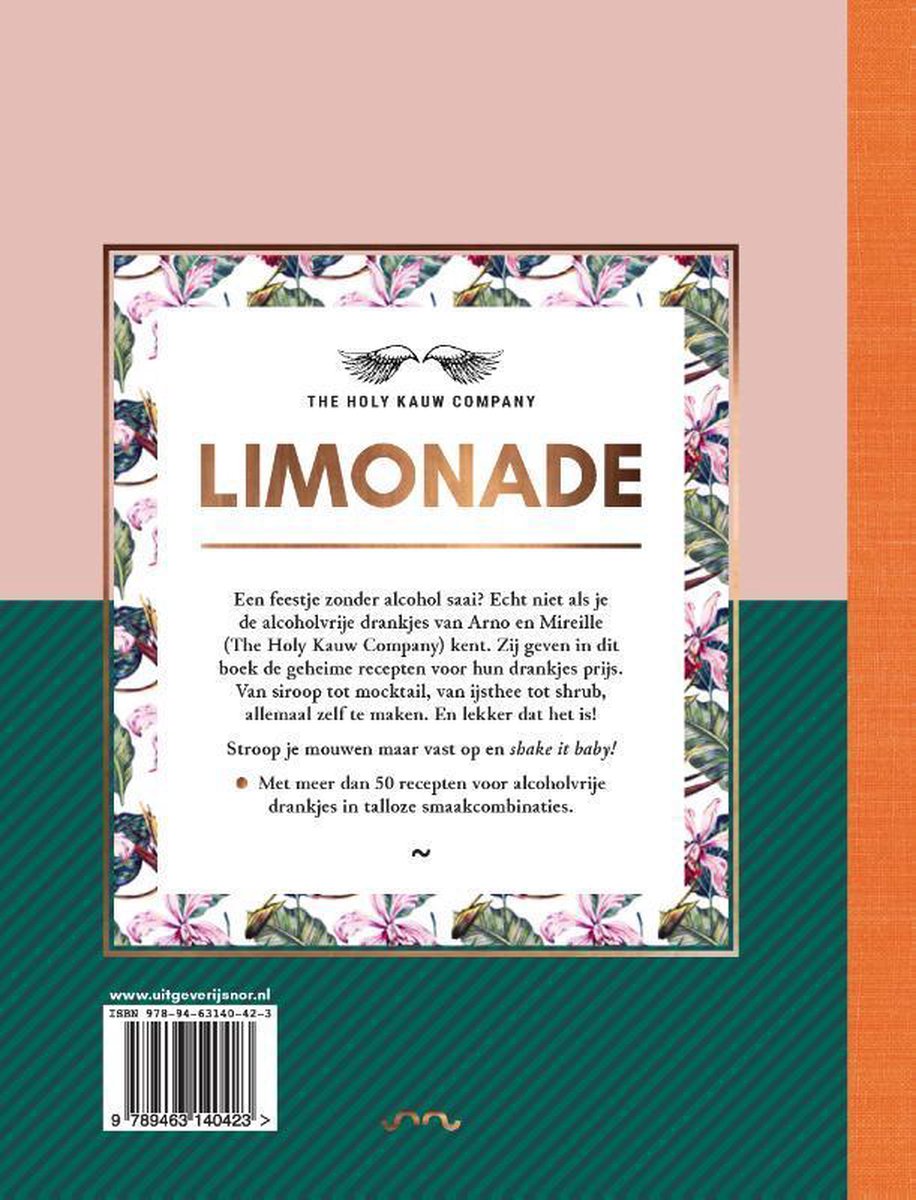 Achterkant van het boek 'Limonade' met tekst en een decoratieve rand van bloemen en bladeren.