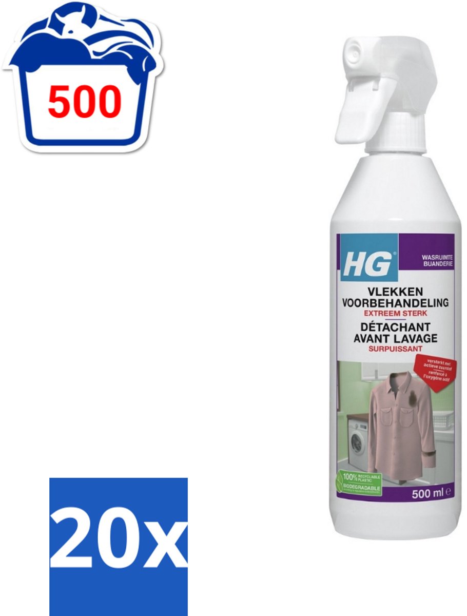 20 x HG Vlekken Voorbehandeling Extra Sterk 500 ml - Vlekken Verwijderen - Wasgoed Reinigen - Textiel Reinigen - Vlekken Behandelen - Wijn Vlekken Verwijderen