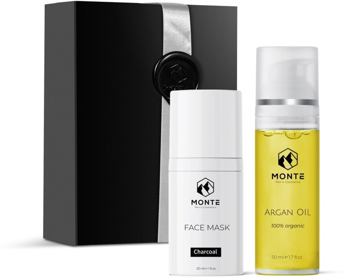 MONTE - Gezichtsmasker Giftset S - 2-delig - Gezichtsmasker Houtskool [30ml] - Arganolie [50ml] - Gezichtsverzorgingsset - Geschenkset mannen - Cadeau voor man - Vaderdag