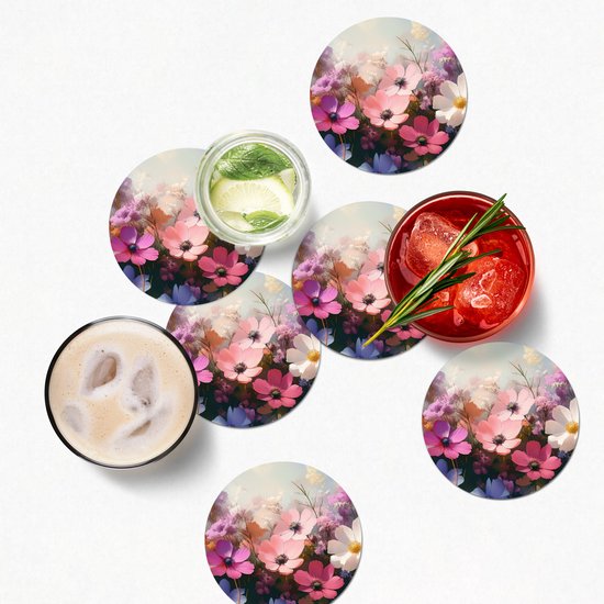 Dessous de verre Fleurs - colorées - floraison - 10x10 cm - 6 morceaux - Sous pour Verres et Tasses