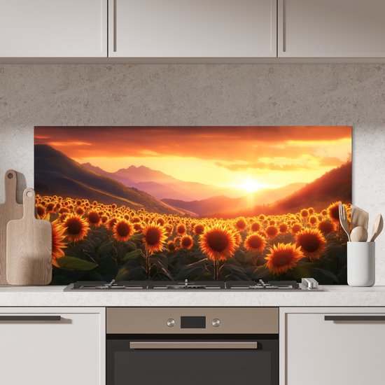 Crédence de Cuisinière en Aluminium 120x60 cm - Tournesols - Coucher de soleil - Paysage - Écran Pare-éclaboussures pour Plaque de Cuisson - Protection Murale