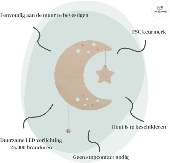Baby's Only Houten wandlamp babykamer & kinderkamer - Maan - Wonder - Bruin - FSC-keurmerk - Duurzame ledverlichting - 25.000 branduren - Eenvoudig aan de muur te bevestigen