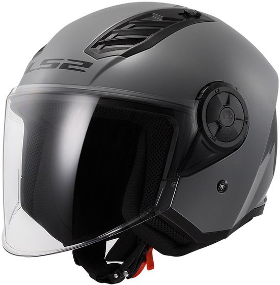 Grijze LS2 Airflow II jethelm met vizier, ventilatie en zijkant mechanisme.