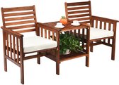 COSTWAY Tuinbank met tafel, 2-zits houten bank met zitkussen en parasolgat, zitbank van acaciahout, tot 350 kg belastbaar, terrasbank voor balkon, tuin, terras, 165 x 65 x 88 cm