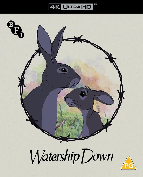 Watership Down 4K Ultra HD BFI PG logo in een cirkel van prikkeldraad, twee konijnen en gras