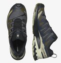 Bovenaanzicht en zijaanzicht van een paar Salomon XA PRO 3D V9 heren wandelschoenen in donkerblauw en olijfgroen.