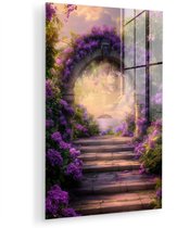MuchoWow® Glasschilderij 120x180 cm - Schilderij acrylglas - Poort - Paars - Bloemen - Foto op glas - Muurdecoratie woonkamer - Wanddecoratie slaapkamer - Schilderijen