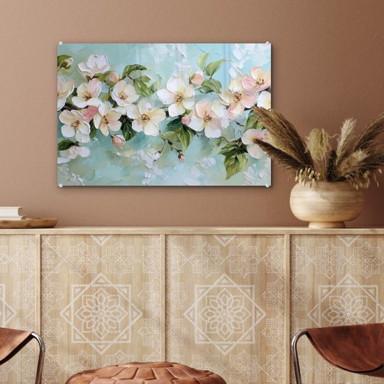 MuchoWow® Tableau sur verre 60x40 cm - Tableau acrylique sur verre - Fleurs - Feuilles - Bleu clair - Photo sur verre - Décoration murale salon - Décoration murale chambre - Peintures